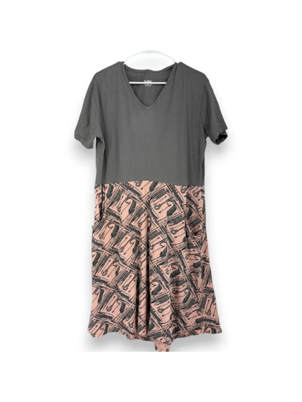 Women’s Two-Tone V-Neck Jersey Dress in Gray and Blush